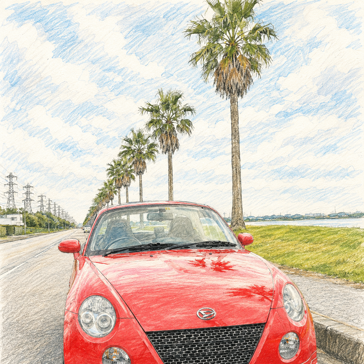 赤い車とヤシの木の風景